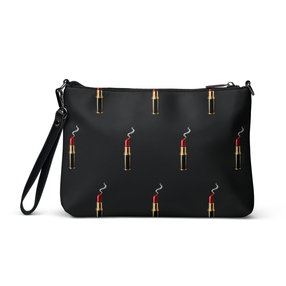 Slop Cannon Loaded Crossbody Bag — Black / black trim — back view; bag only; printed faux leather with black trim; supplier digital mockup.