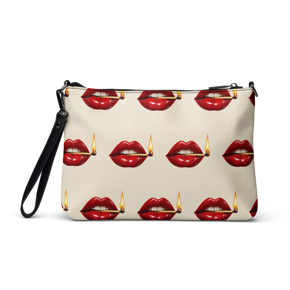 Slop Cannon Play With Fire Crossbody Bag — Cream / black trim — back view; bag only; printed faux leather with black trim; supplier digital mockup.
