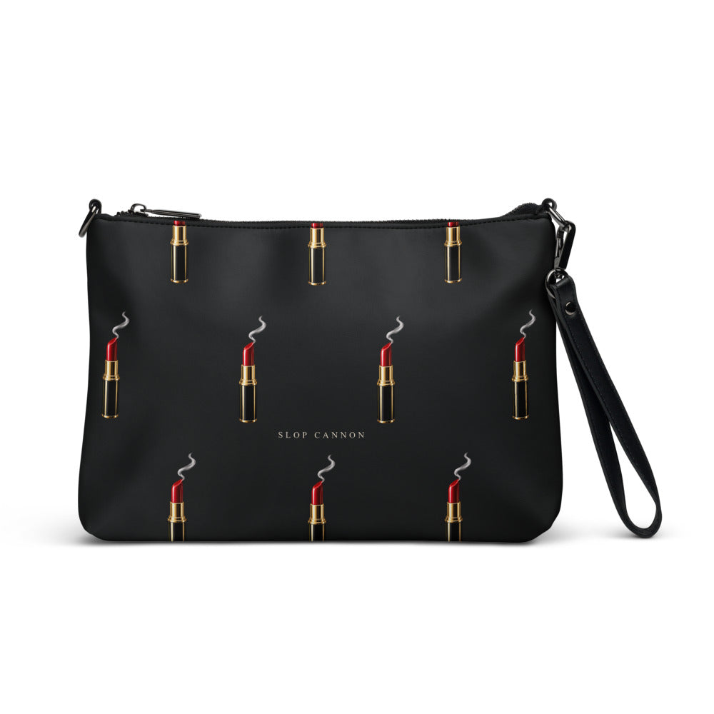 Slop Cannon Loaded Crossbody Bag — Black / black trim — front view; bag only; printed faux leather with black trim; supplier digital mockup.