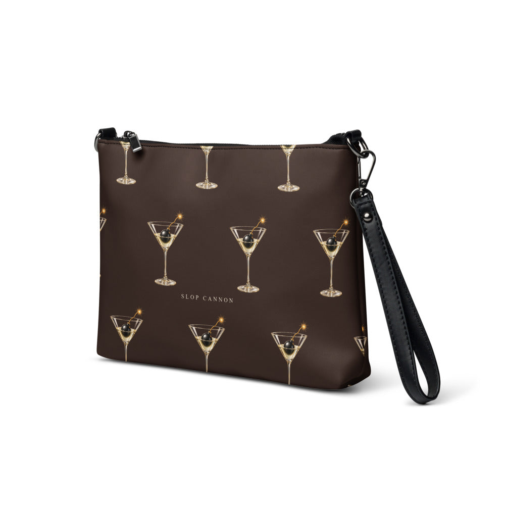 Slop Cannon Dirty Habits Crossbody Bag — Chocolate / black trim — three-quarter front view; bag only; printed faux leather with black trim; supplier digital mockup.