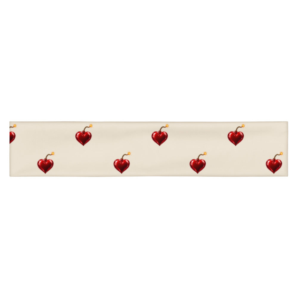 Slop Cannon Heart Fuse Headband — Cream — flat front view; one straight headband; printed straight polyester/elastane band; supplier digital mockup.