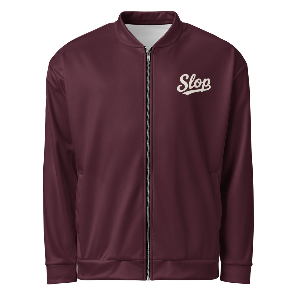 Slop Script Bomber Jacket in Oxblood, front view with the ivory Slop script on the left chest