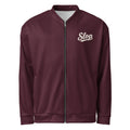 Slop Script Bomber Jacket in Oxblood, front view with the ivory Slop script on the left chest