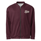 Slop Script Bomber Jacket in Oxblood, front view with the ivory Slop script on the left chest