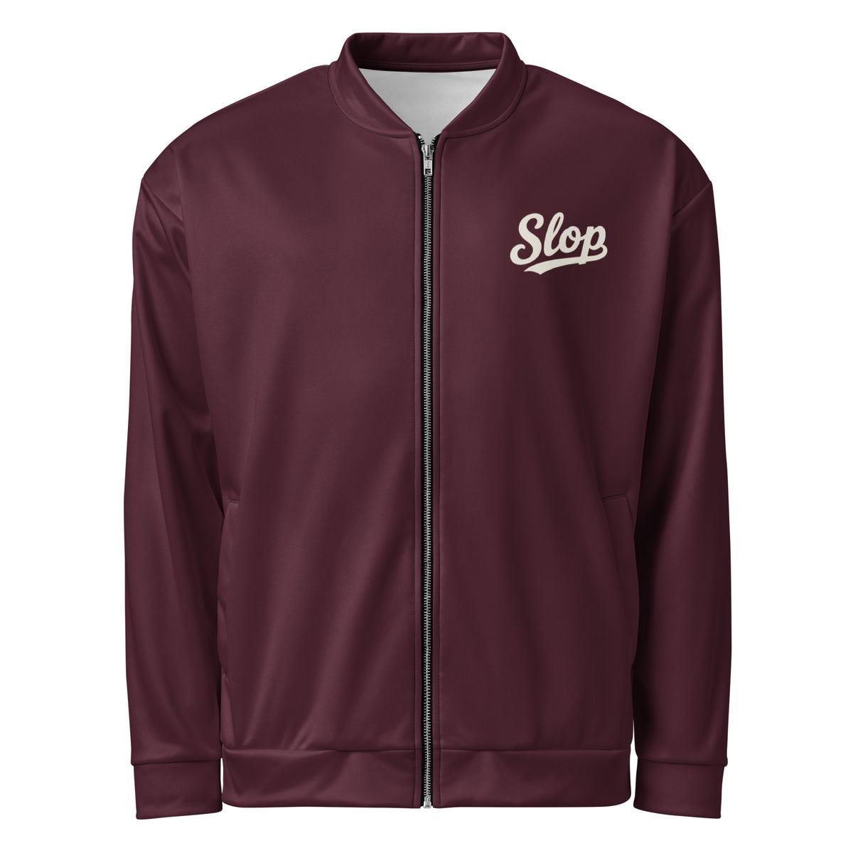 Slop Script Bomber Jacket in Oxblood, front view with the ivory Slop script on the left chest