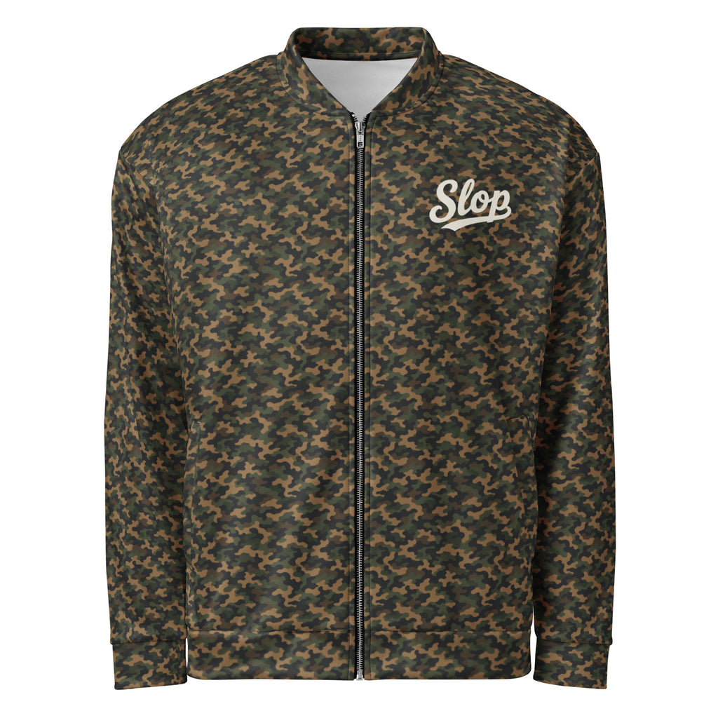 Slop Script Bomber Jacket in Woodland Camo, front view with the Slop script on the left chest