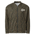 Slop Script Bomber Jacket in Woodland Camo, front view with the Slop script on the left chest