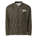 Slop Script Bomber Jacket in Woodland Camo, front view with the Slop script on the left chest