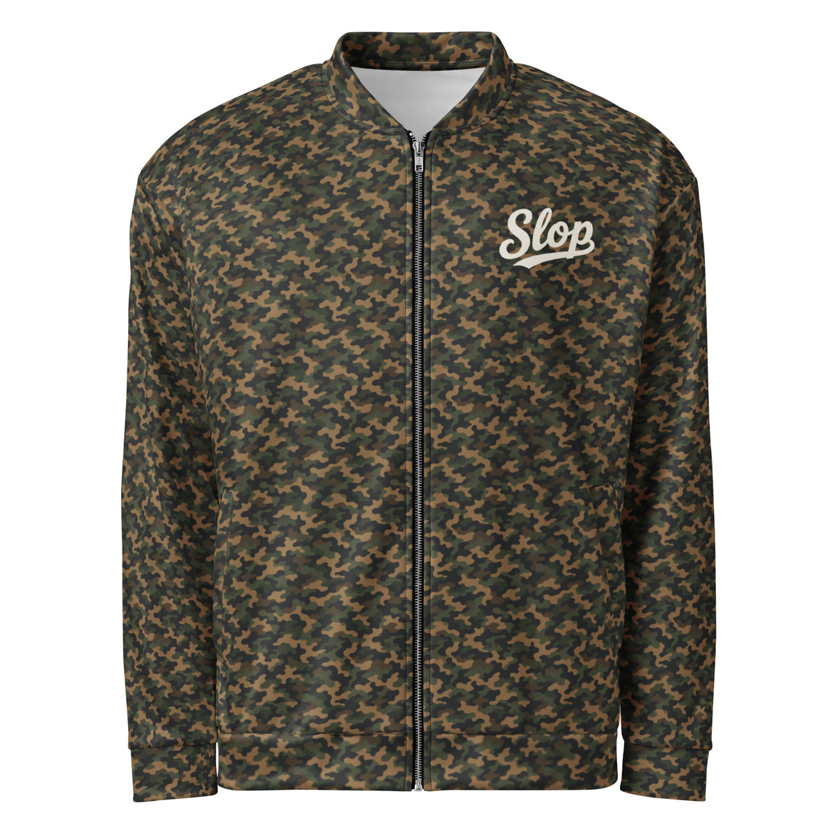 Slop Script Bomber Jacket in Woodland Camo, front view with the Slop script on the left chest