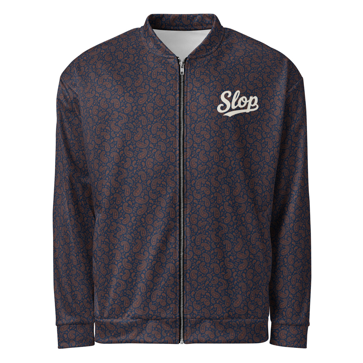 Slop Script Bomber Jacket in Midnight Copper Paisley, front view with the Slop script on the left chest