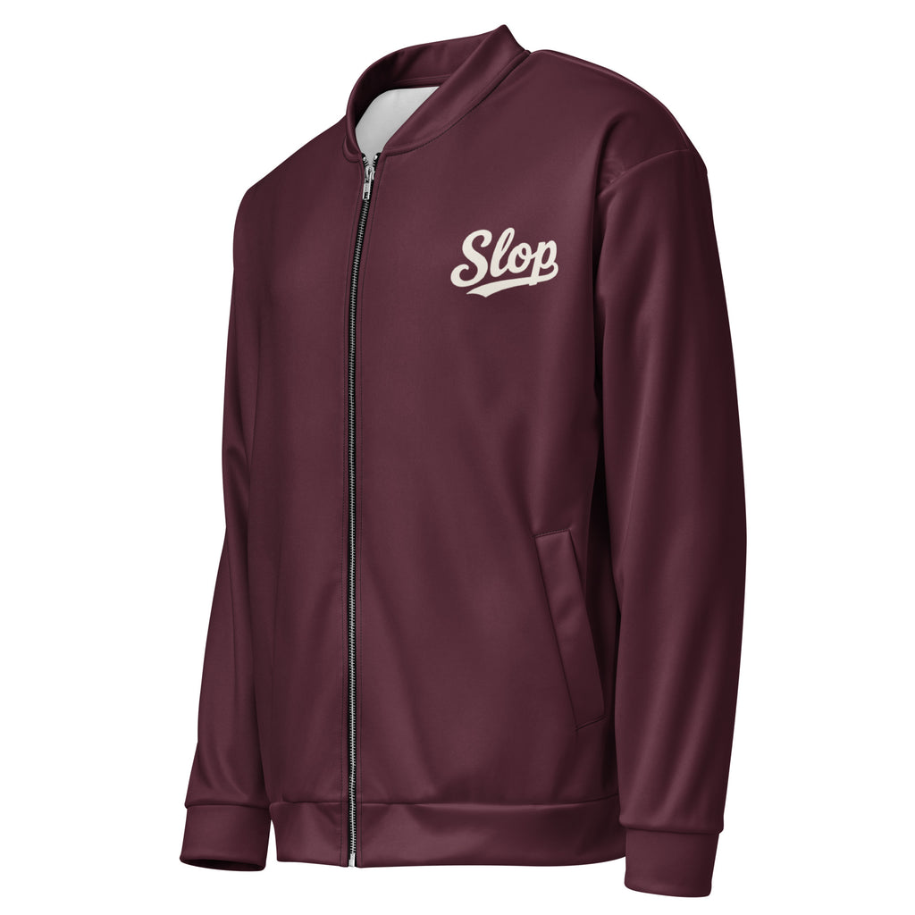 Slop Script Bomber Jacket in Oxblood, left three-quarter view