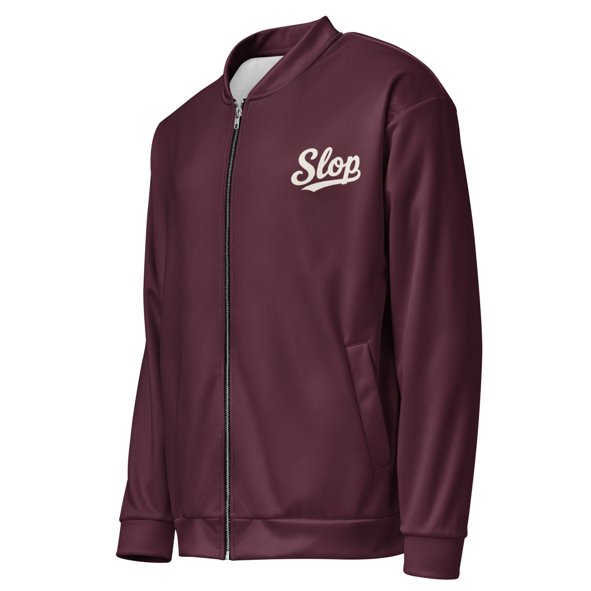 Slop Script Bomber Jacket in Oxblood, left three-quarter view