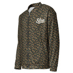 Slop Script Bomber Jacket in Woodland Camo, left three-quarter view