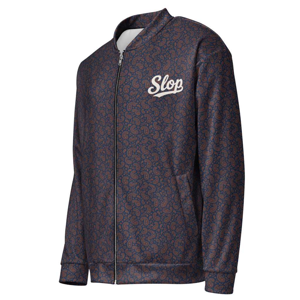 Slop Script Bomber Jacket in Midnight Copper Paisley, left three-quarter view