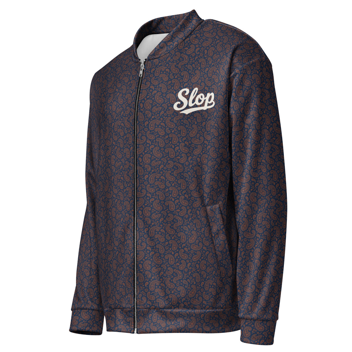 Slop Script Bomber Jacket in Midnight Copper Paisley, left three-quarter view