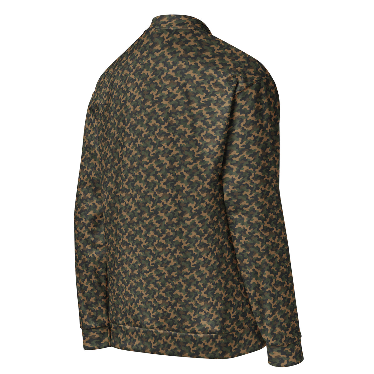 Slop Script Bomber Jacket in Woodland Camo, right back three-quarter view