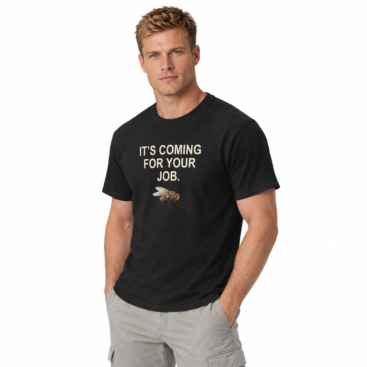 Coming for Your Job Tee — Black — CW-M01 fictional adult model, standing three-quarter; exact provider garment and artwork; digital mockup.