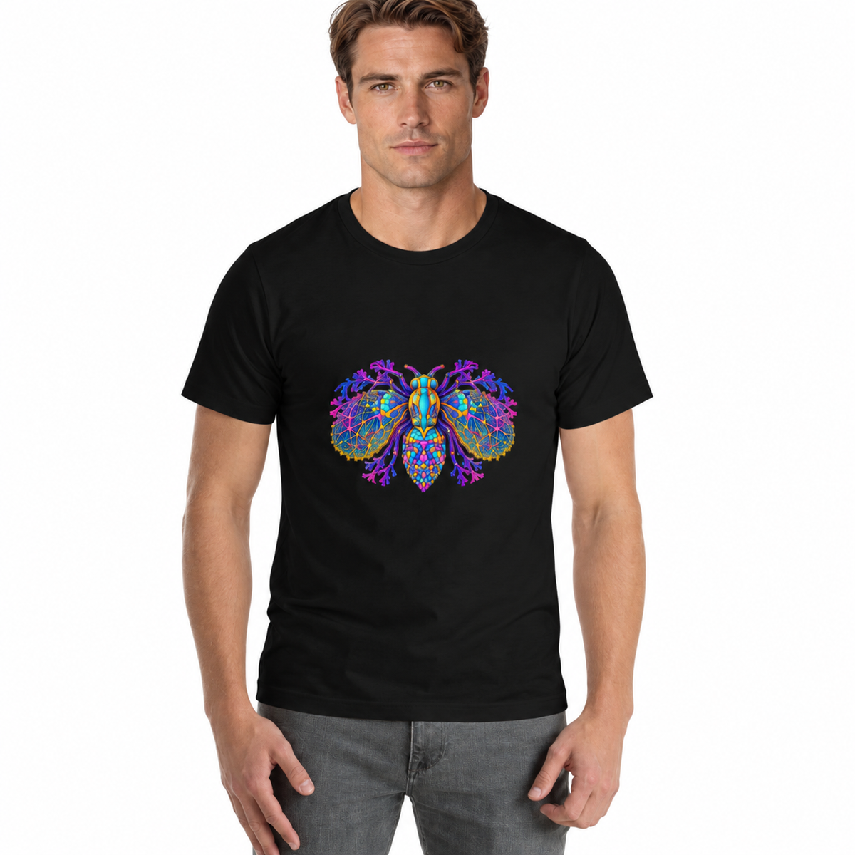 Neural Fly Tee — Black — CW-M04 fictional adult model, distinct catalog pose; exact provider garment and artwork; digital mockup.