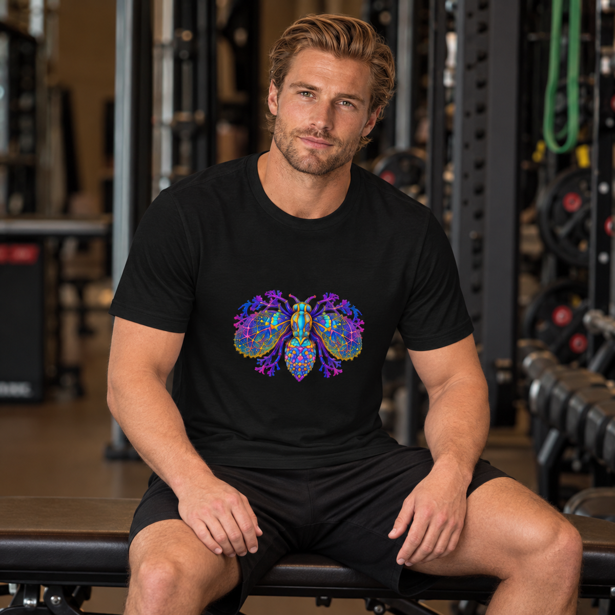 Neural Fly Tee — Black — CW-M05 fictional adult model, distinct catalog pose; exact provider garment and artwork; digital mockup.