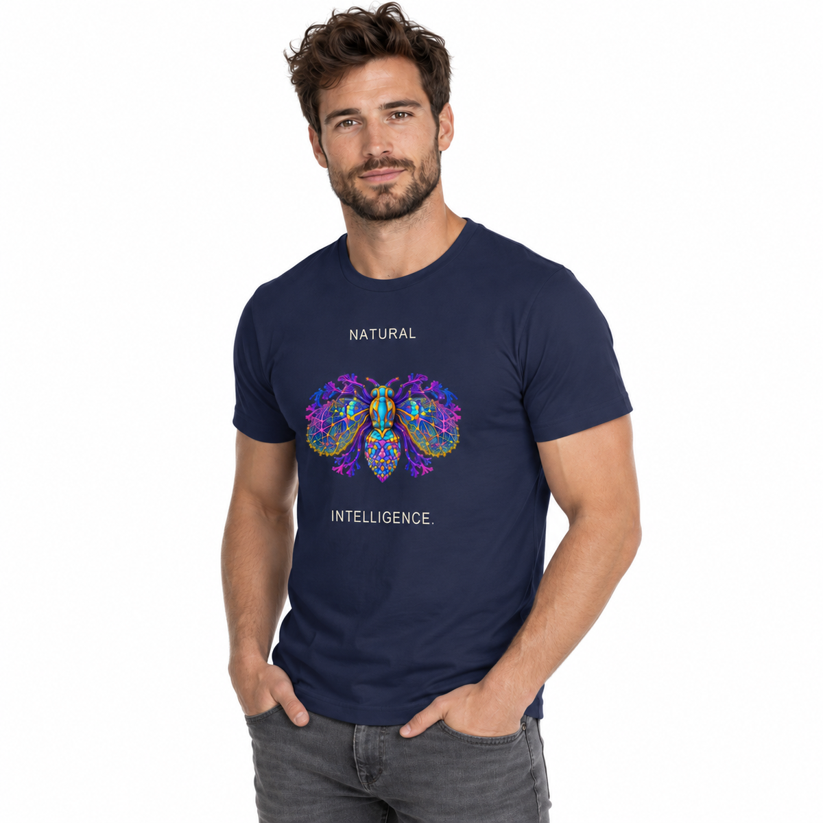 Natural Intelligence Tee — Navy — CW-M07 fictional adult model, standing three-quarter; exact provider garment and artwork; digital mockup.