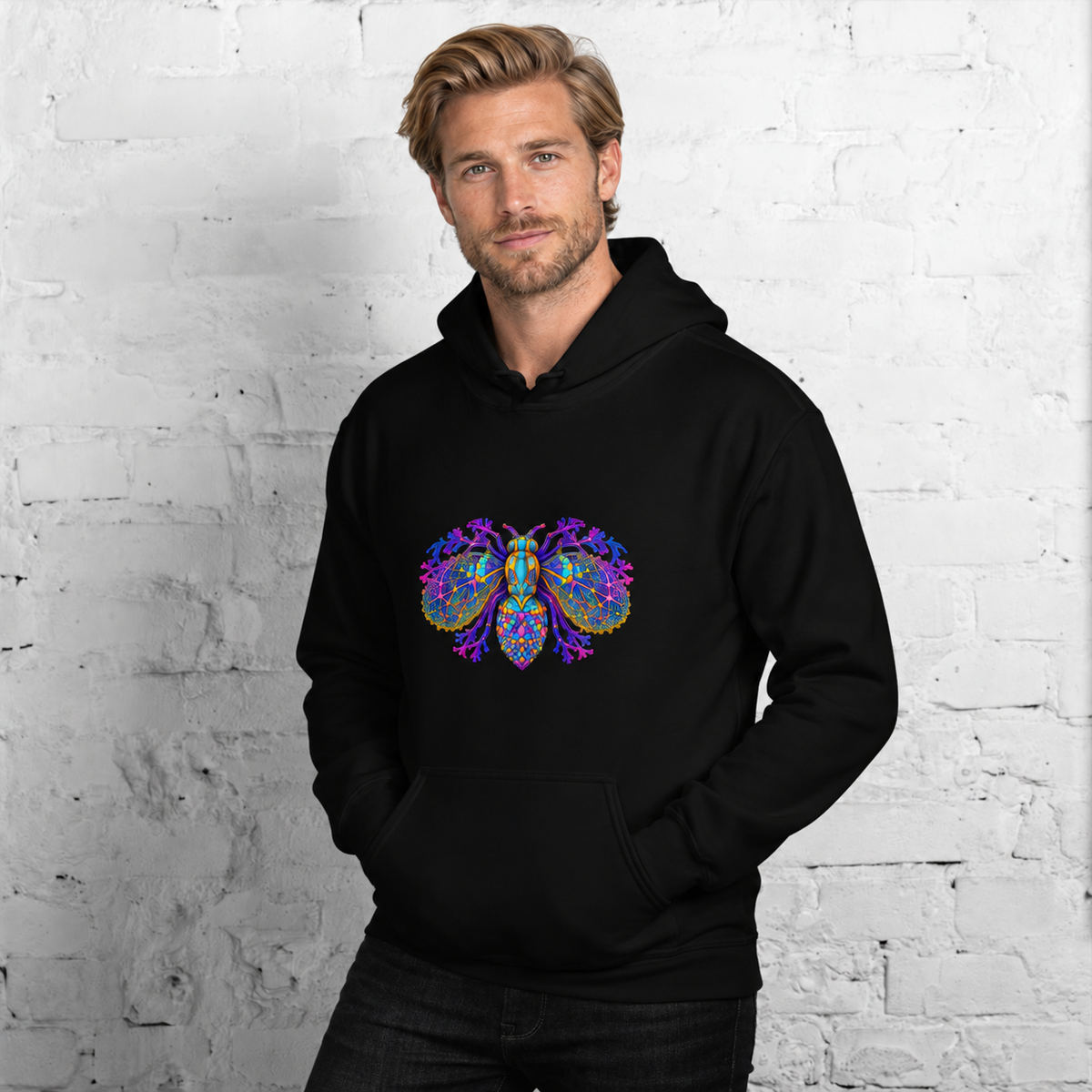 Neural Fly Hoodie — Black — CW-M10 fictional adult model, standing three-quarter; exact provider garment and artwork; digital mockup.