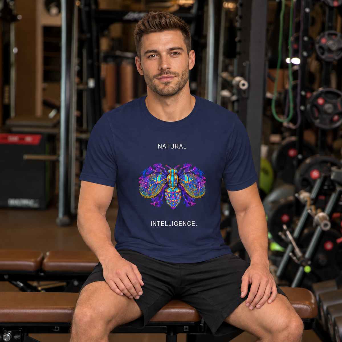 Natural Intelligence Tee — Navy — CW-M14 fictional adult model, seated hands on thighs; exact provider garment and artwork; digital mockup.
