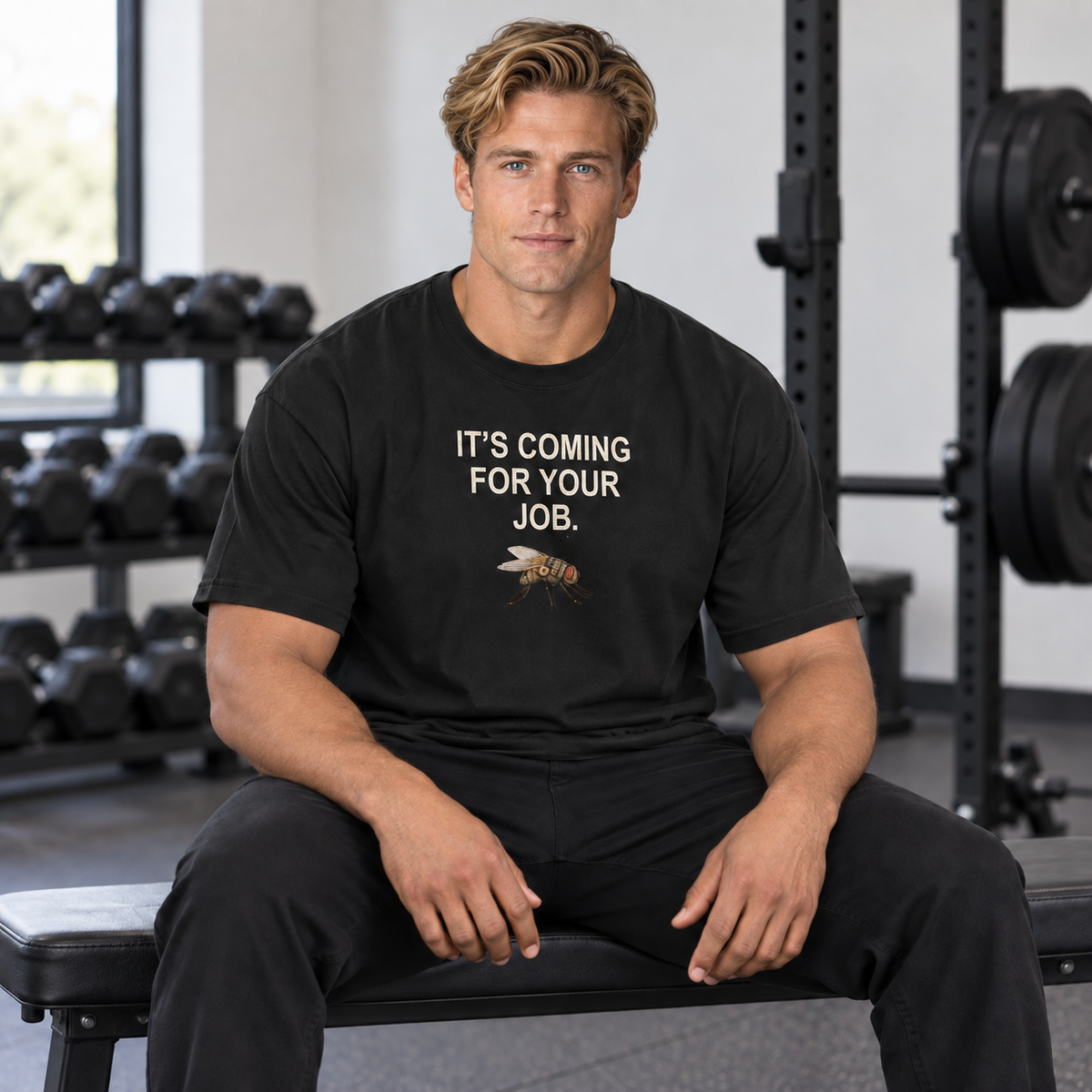 Coming for Your Job Tee — Black — CW-M16 fictional adult model, seated hands on thighs; exact provider garment and artwork; digital mockup.