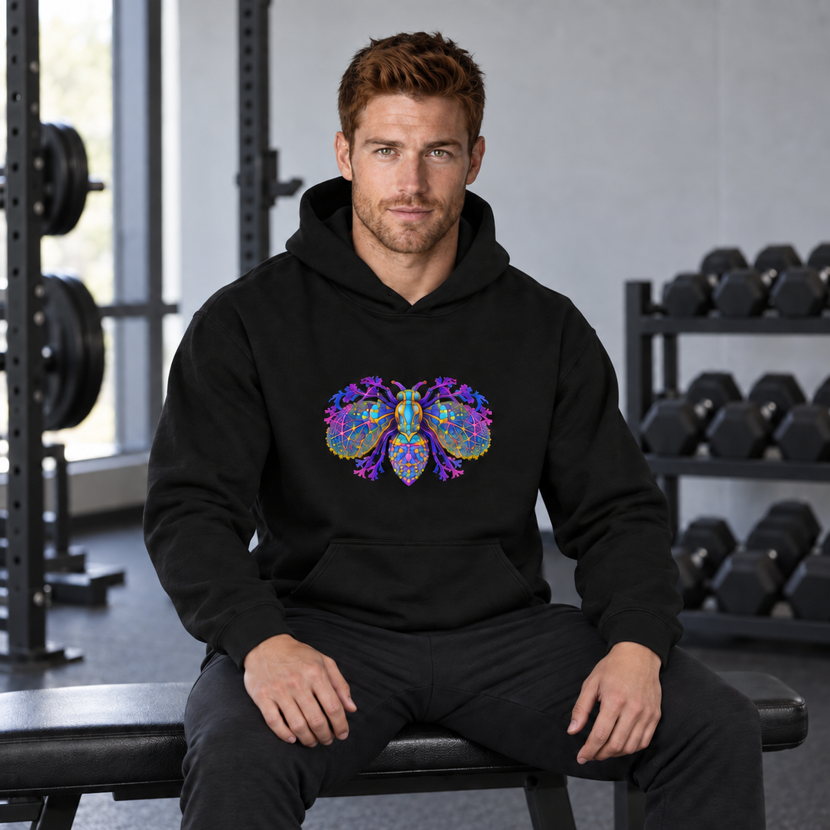 Neural Fly Hoodie — Black — CW-M18 fictional adult model, seated hands on thighs; exact provider garment and artwork; digital mockup.