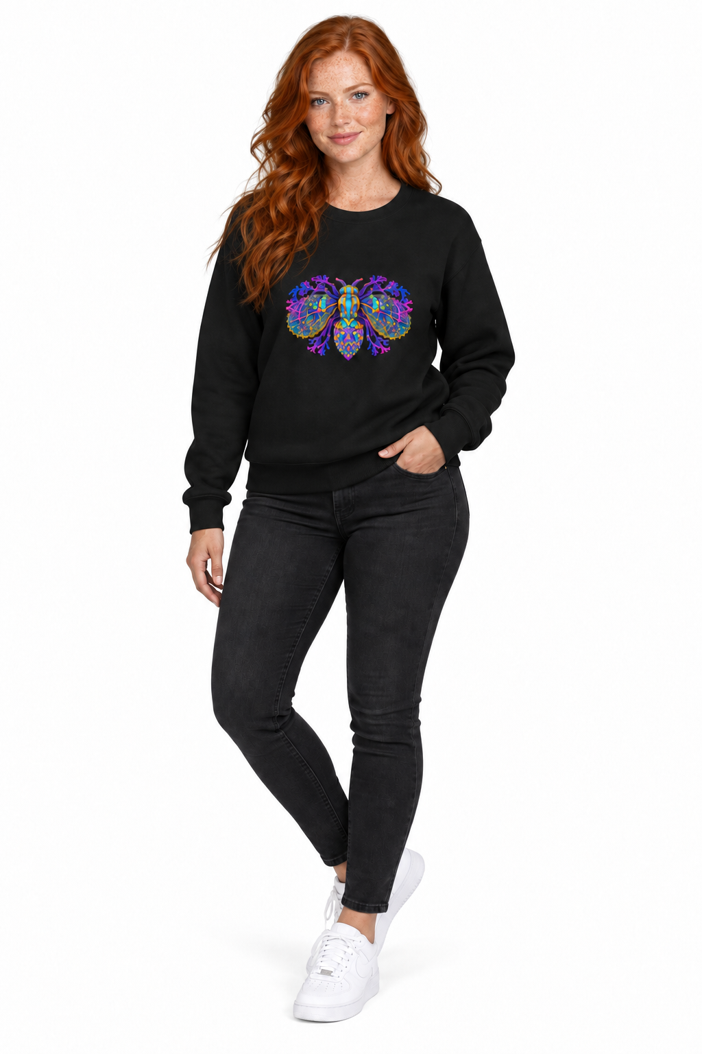Neural Fly Sweatshirt — Black — CW-F18 fictional adult model, standing three-quarter; exact provider garment and artwork; digital mockup.