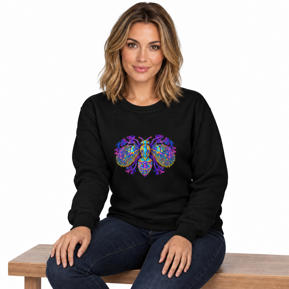 Neural Fly Sweatshirt — Black — CW-F19 fictional adult model, seated hands on thighs; exact provider garment and artwork; digital mockup.