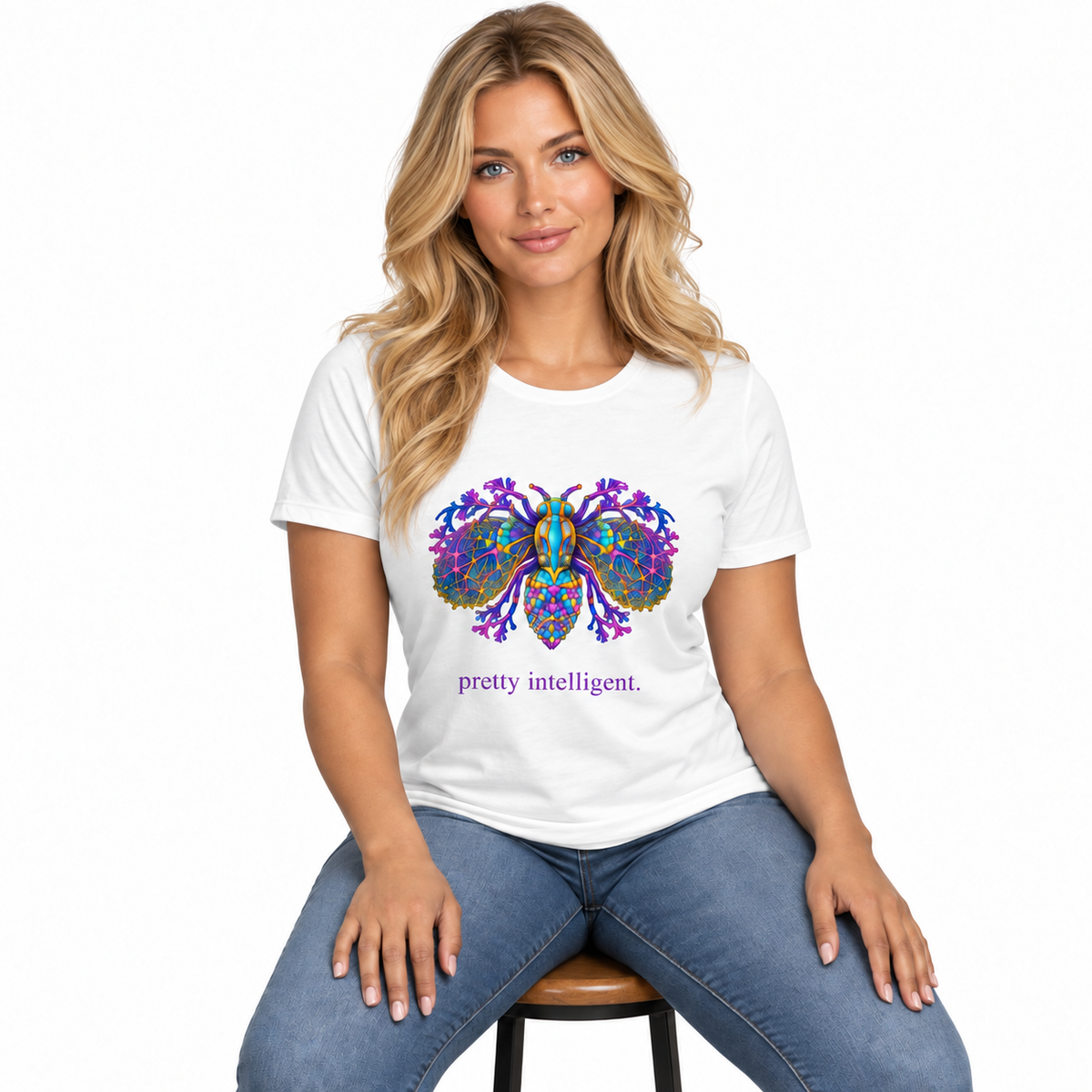 Pretty Intelligent Tee — White — CW-F16 fictional adult model, seated hands on thighs; exact provider garment and artwork; digital mockup.
