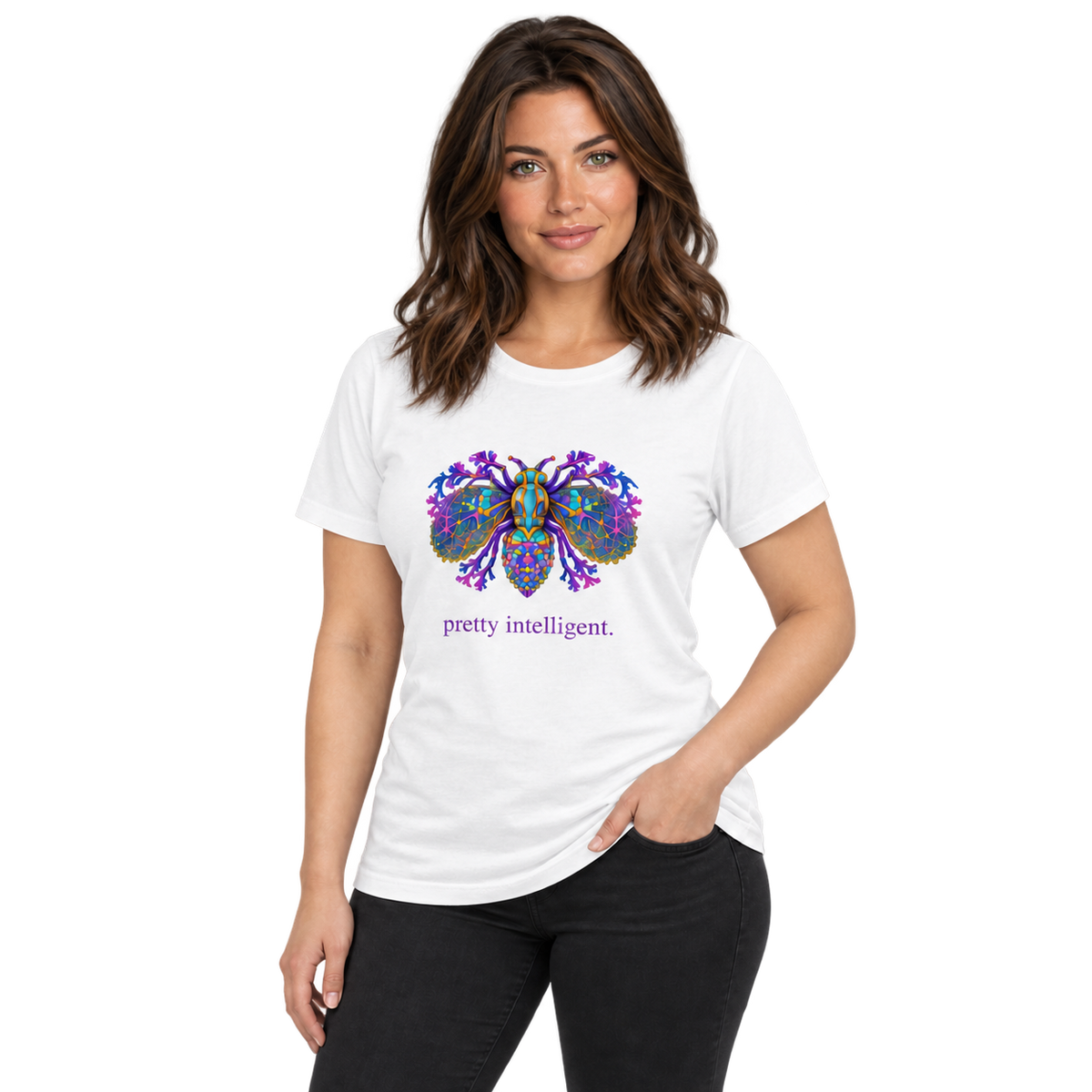Pretty Intelligent Tee — White — CW-F17 fictional adult model, standing three-quarter; exact provider garment and artwork; digital mockup.