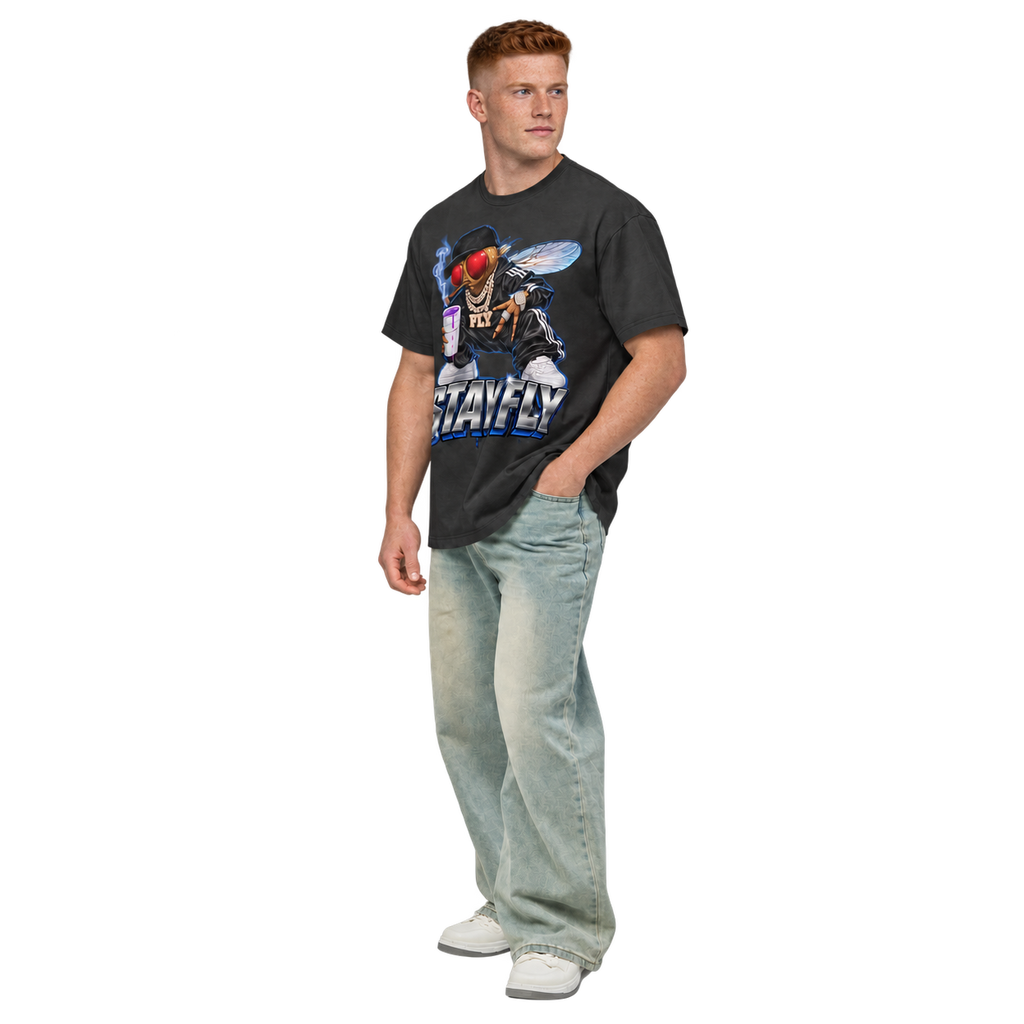 Stay Fly Heavyweight Box Tee — Vintage Black — CW-M15 left-front full-body; digital roster model mockup, not a manufactured sample.