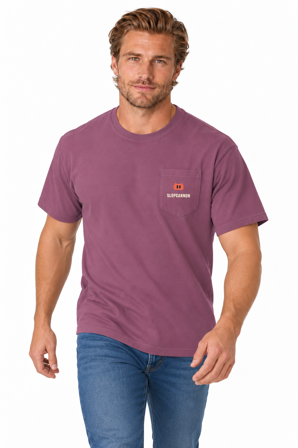 SLOPCANNON Pocket Tee in Berry, worn by a model