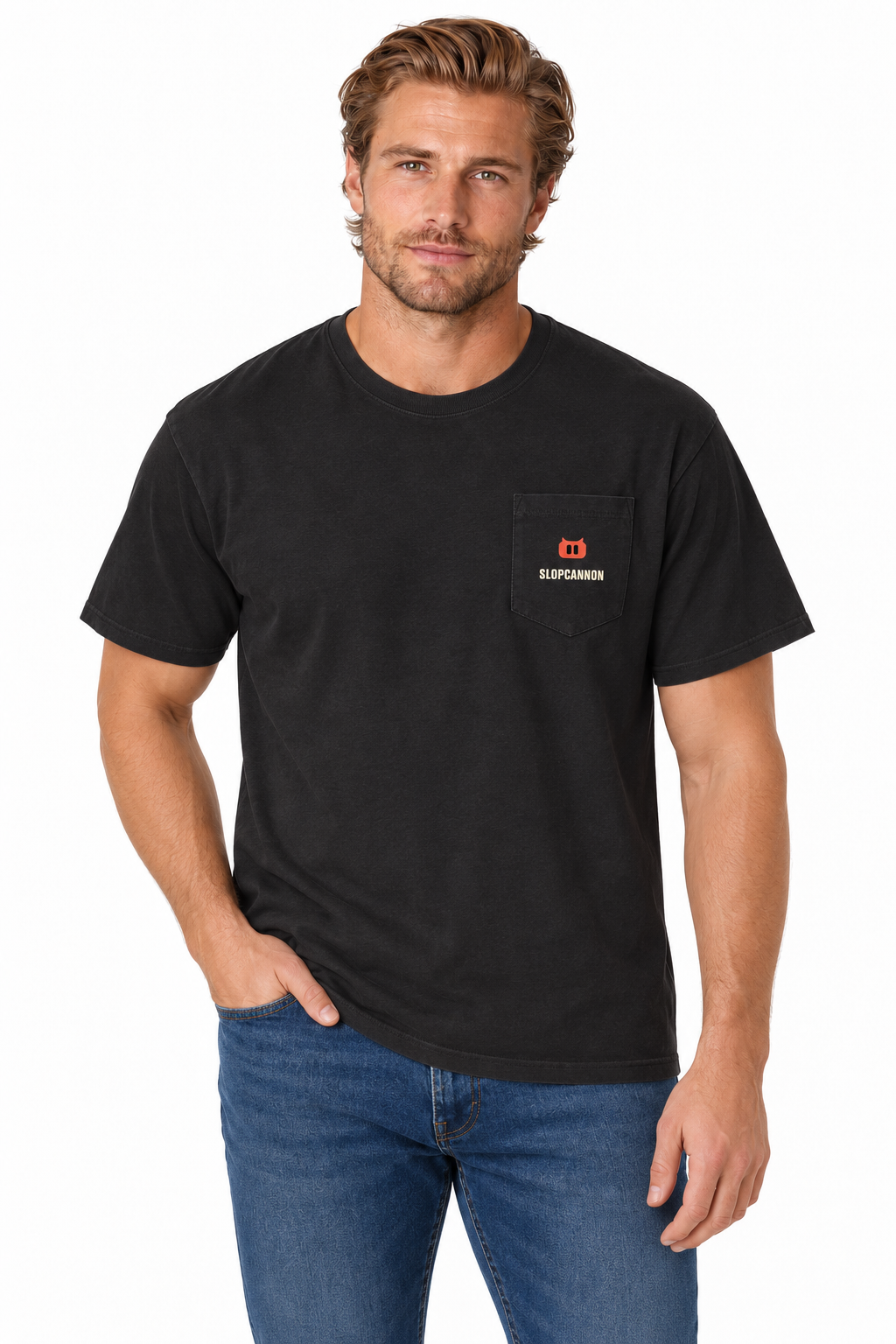SLOPCANNON Pocket Tee in Black, worn by a model