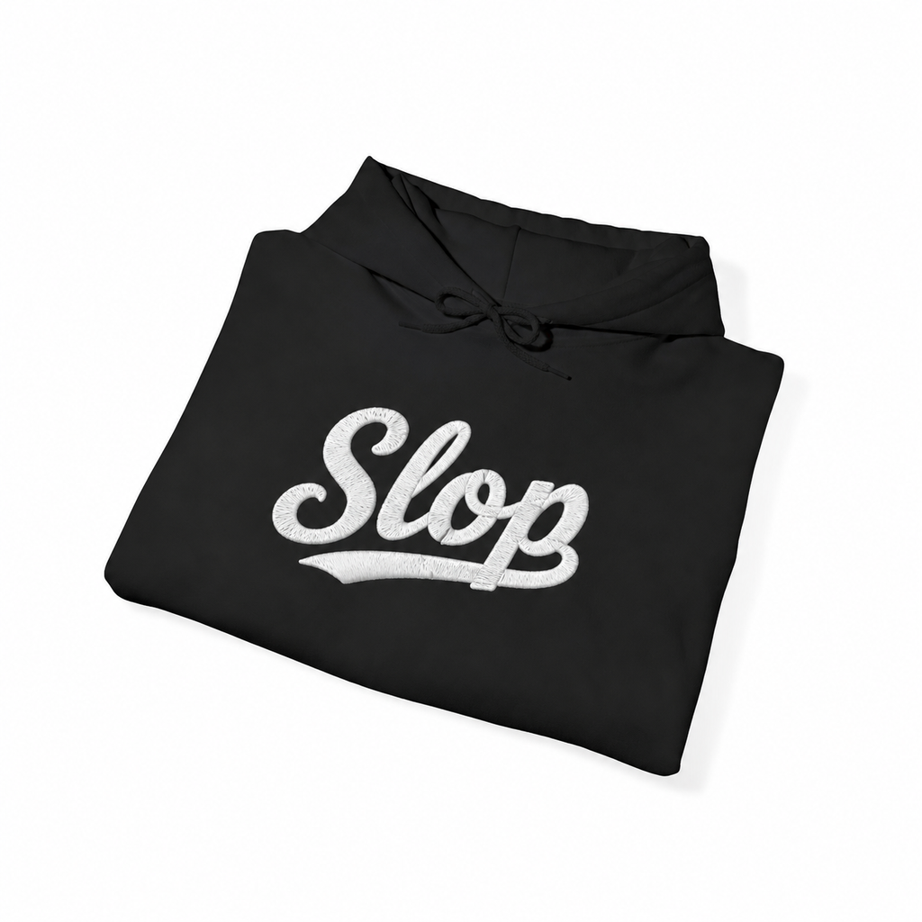 Folded black Gildan 18500 hoodie with white Slop script embroidery visualization.