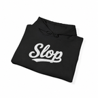 Folded black Gildan 18500 hoodie with white Slop script embroidery visualization.