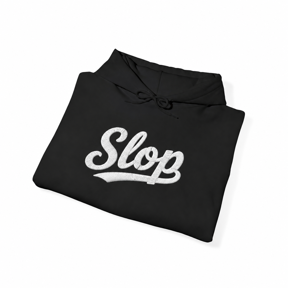 Folded black Gildan 18500 hoodie with white Slop script embroidery visualization.