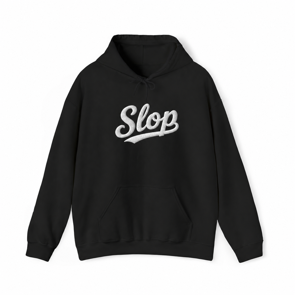 Black Gildan 18500 hoodie front with oversized white Slop script embroidery visualization.