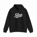 Black Gildan 18500 hoodie front with oversized white Slop script embroidery visualization.