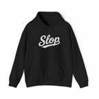 Black Gildan 18500 hoodie front with oversized white Slop script embroidery visualization.