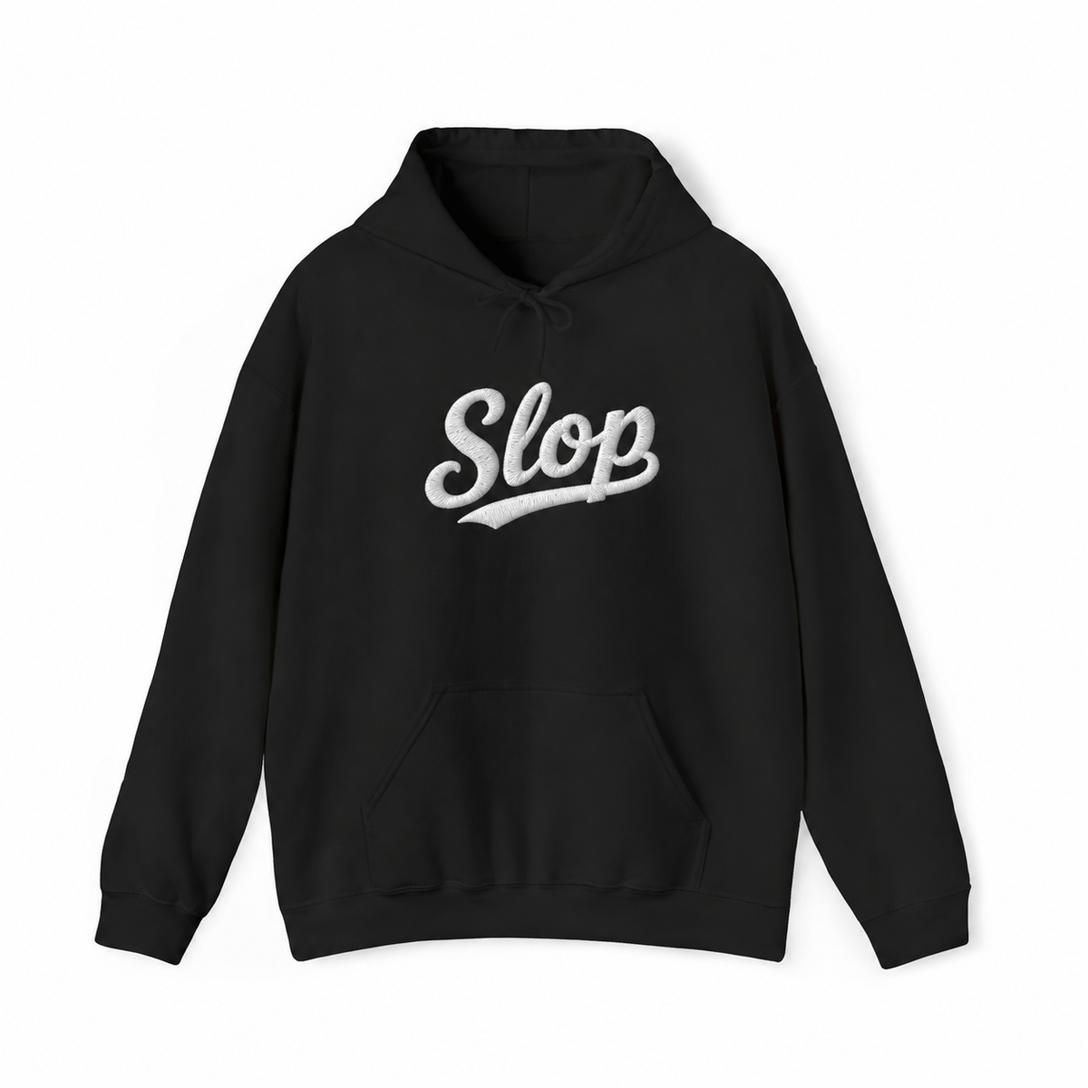 Black Gildan 18500 hoodie front with oversized white Slop script embroidery visualization.