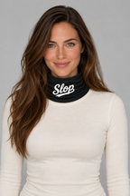 Slop Script Neck Gaiter in Black, worn by a model