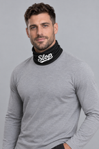 Slop Script Neck Gaiter in Black, worn by a model