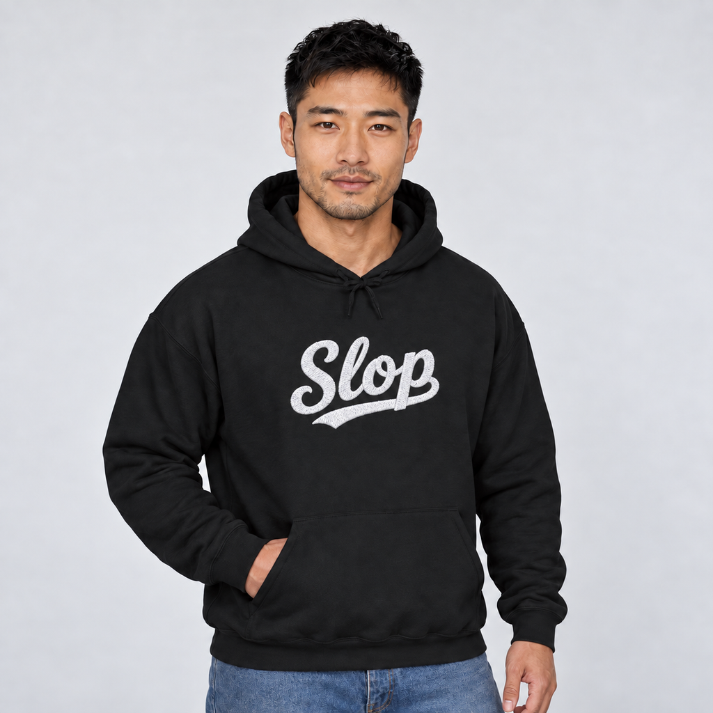 Model wearing the black Slop script embroidered hoodie with white stitching, second view.
