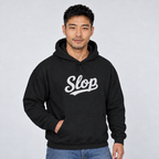 Model wearing the black Slop script embroidered hoodie with white stitching, second view.
