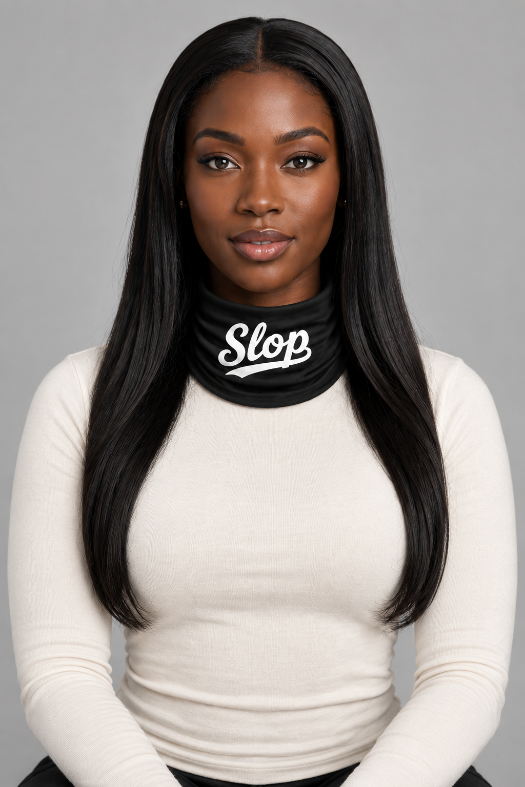 Slop Script Neck Gaiter in Black, worn by a model