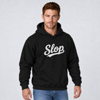 Model wearing the black Slop script embroidered hoodie with white stitching, third view.