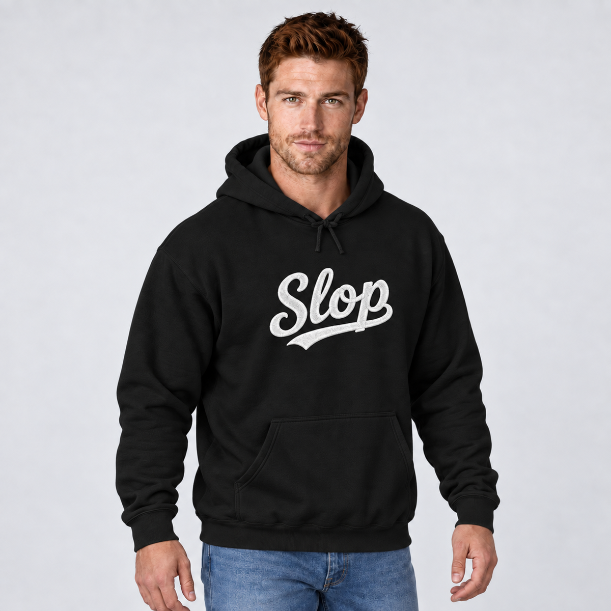 Model wearing the black Slop script embroidered hoodie with white stitching, third view.