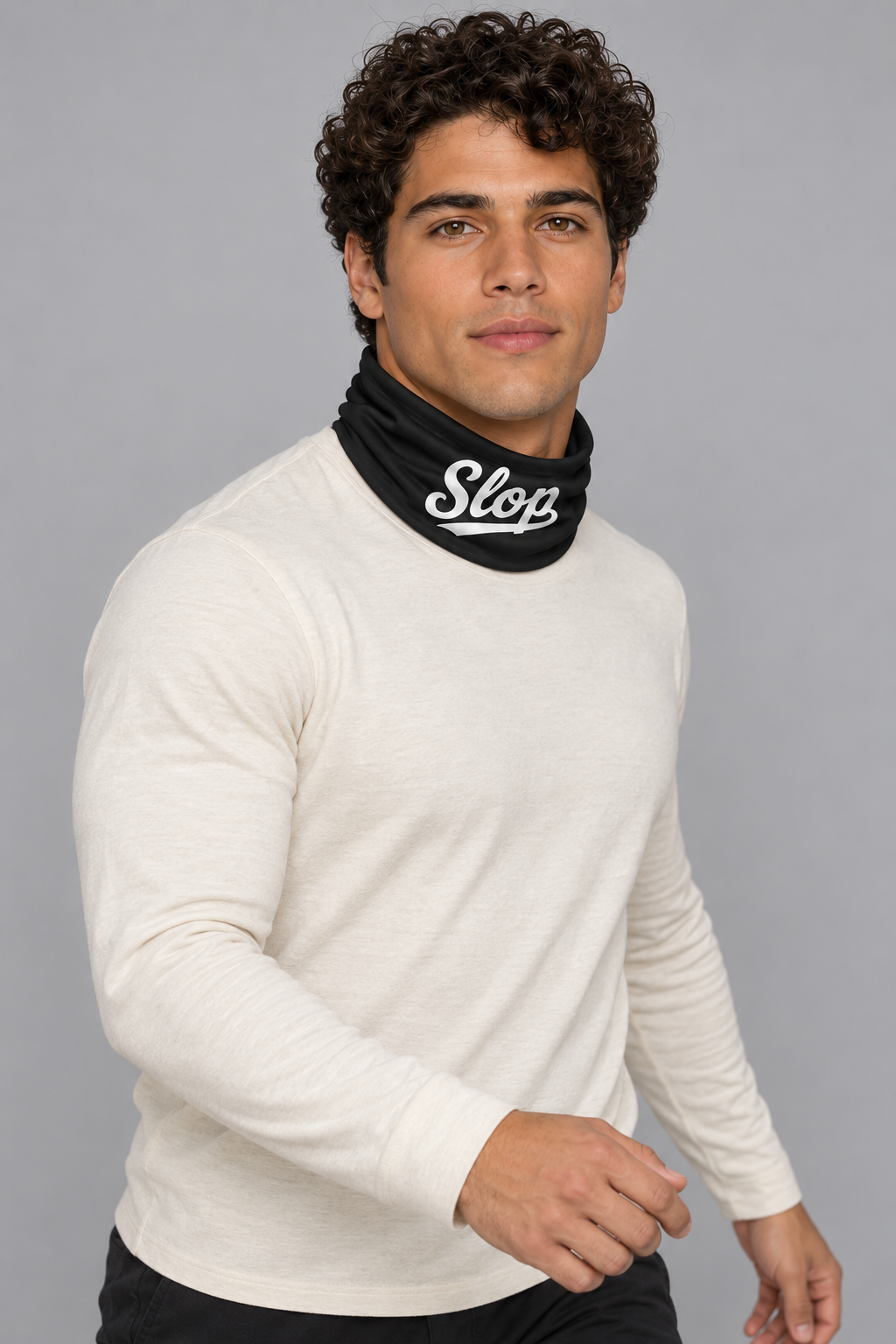 Slop Script Neck Gaiter in Black, worn by a model